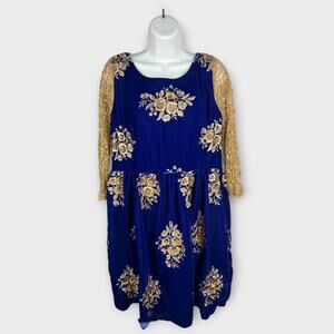 Girls‎ Blue Velvet Gold Floral Applique Gold Lace Long Sleeve Dress 18/20